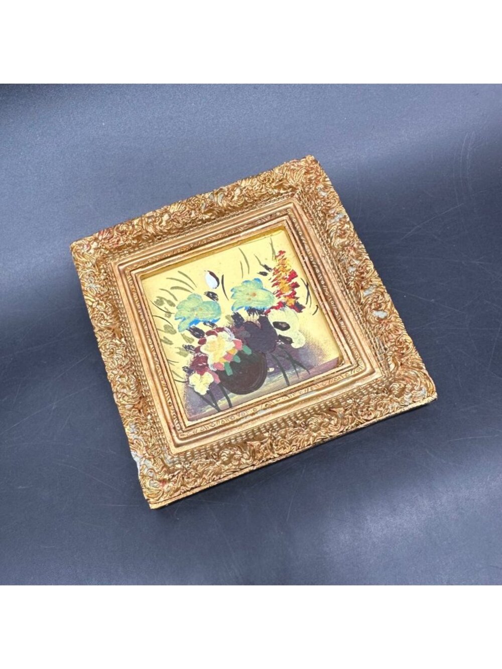 Vintage Miniature Floral Painting Ornate Gold Frame Wall Hanging Blue Flowers - Picture 1 of 10